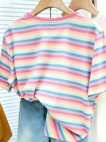 Girls' Rainbow Striped T-Shirt, Cute Ombre Multicolor Casual Comfortable Versatile Top For 4Y-7Y, Suitable For Spring, Summer, Autumn, Winter, School, Vacation, Campus, Personalized - White - View 2