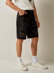 RONVEXI Men's Summer Casual Distressed Denim Shorts Black Jean Shorts Men - Black - View 4