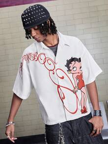 ROMWE MEN Betty Boop | ROMWE Men's Fashion Cartoon Character Print Single-Breasted Short Sleeve Shirt - White - View 7