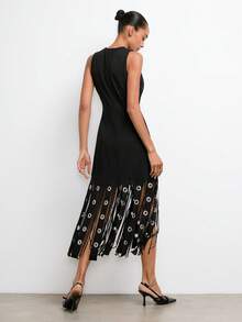 Maija Women's Solid Color Tassel Hem Round Neck Fitted Sleeveless Dress Chic Dresses For Women,Summer Dresses For Women - Black - View 2