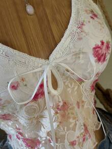 Cévolie Top de camisola sin mangas con lazo y encaje de rosa romántico y sexy para mujer, primavera/verano - Multicolor - Ver 4