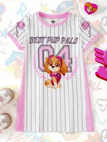 SHEIN | PAW Patrol 女童条纹圆领短袖可爱连衣裙 - 粉色 - 查看 1