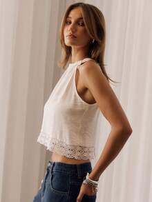 Aralina CROPPED HIGH NECK HALTER WITH LACE HEM - White - View 3