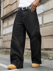Manfinity EMRG Quần jeans ống rộng dáng suông sang trọng, thiết kế thời trang dành cho nam giới, đã qua xử lý giặt. - màu đen - Xem 6