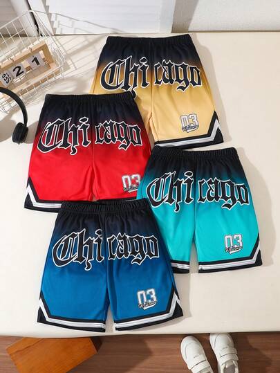 4件套男童夏季街头风渐变芝加哥字母数字印花篮球短裤，宽松运动风，适合日常出行、校园活动、运动健身、户外玩耍、拍照等场合。