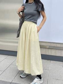 DAZY Women's Solid Color Elastic Waist Casual/Work Skirt - Beige - View 2