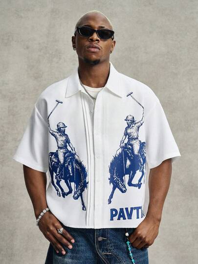 PAVTROS Men's Casual Blue & White Printed Shirt, Versatile For Spring/Summer Daily Wear