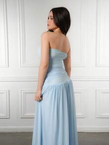 Criza Taa 2pcs/Set Women Vacation Romantic Pink Mesh Bandeau Top And High Waist Ruched Mesh Maxi Skirt, Spring/Summer - Baby Blue - View 4