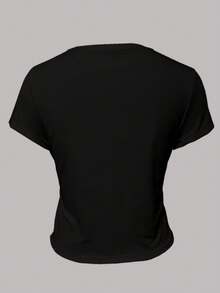 Rina Fox Áo thun nữ tay ngắn cổ tròn ôm sát, thêu họa tiết hiệp sĩ, đa năng, thích hợp cho mùa hè. - màu đen - Xem 5