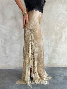 Aloruh Women's Summer Fashion Contrast Lace Fishtail Hem Skirt - Gold - View 7