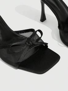 CUCCOO SZL 女士经典时尚高跟凉鞋黑色网眼蝴蝶结穆勒鞋细跟方头设计，适合晚宴、职场通勤、约会等场合，性感百搭。 - 黑色 - 查看 5