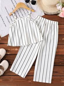 Bộ đồ gồm áo hai dây kẻ sọc và quần ống rộng cho bé gái. - Đen và trắng - Xem 2
