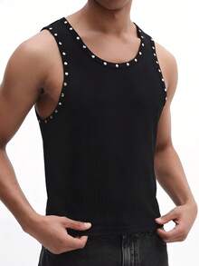 SUMWON Men's Sleeveless Ribbed Tank Top With Metal Stud Detailing Around Neckline And Arm Holes Classic Crew Neck Casual Summer Essential - Black - View 1