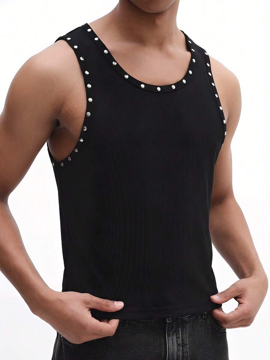 SUMWON Men's Sleeveless Ribbed Tank Top With Metal Stud Detailing Around Neckline And Arm Holes Classic Crew Neck Casual Summer Essential - Black - View 1