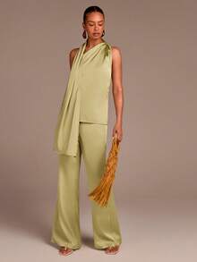 COSMINA Women's Elegant Sleeveless Tie Neck Loose 2 Pieces Set, Versatile For Commute, Vacation, Bohemian Style Dating, Spring/Summer - Multicolor - View 3