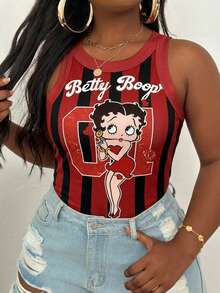 Slaydiva Betty Boop x SHEIN 2026春夏新款大码女装：基础款、休闲可爱黑红条纹大码背心和吊带衫，非常适合夏季穿着，饰有卡通人物图案 - 彩色 - 查看 2