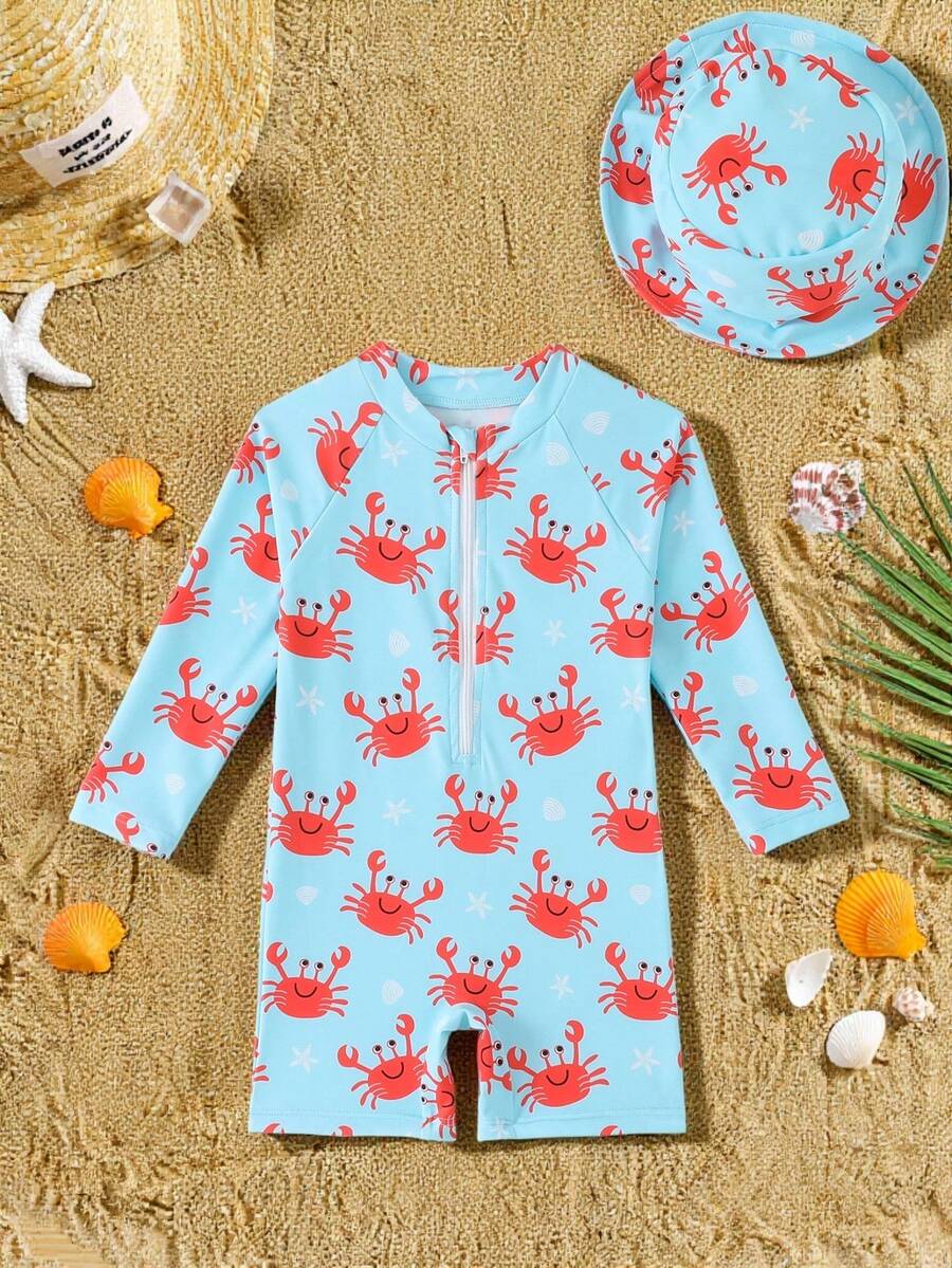 SHEIN Vintaside Kids 男婴鲸鱼印花防晒泳衣,长袖宽檐帽,可爱红色螃蟹印花,针织面料,白色拉链长袖短裤设计,适合游泳、度假、夏季海滩、泳池、节日派对 - 藍色 - 查看 1