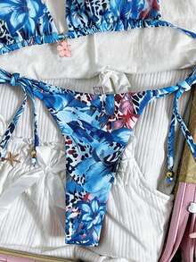Swim Mod Women's Random Floral Print Halter Metal Jewelry Bikini Set, Spring/Summer Bikinis Set For Women Push Up Swimwear Elegant - Multicolor - View 6
