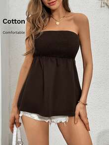 SHEIN Essnce Women's Solid Color Minimalist Daily Wear Gathered Neckline Bandeau Top,Summer Top - Coffee Brown - View 6