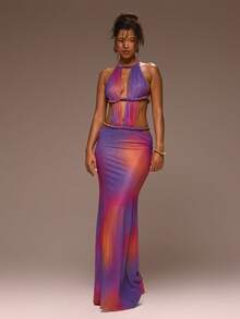 MUSERA Ombre Printed Rope Detail Cut Out Maxi Dress Girly Spring Summer Vacation Night Out Cute Occassion Golden Sands - Purple - View 5