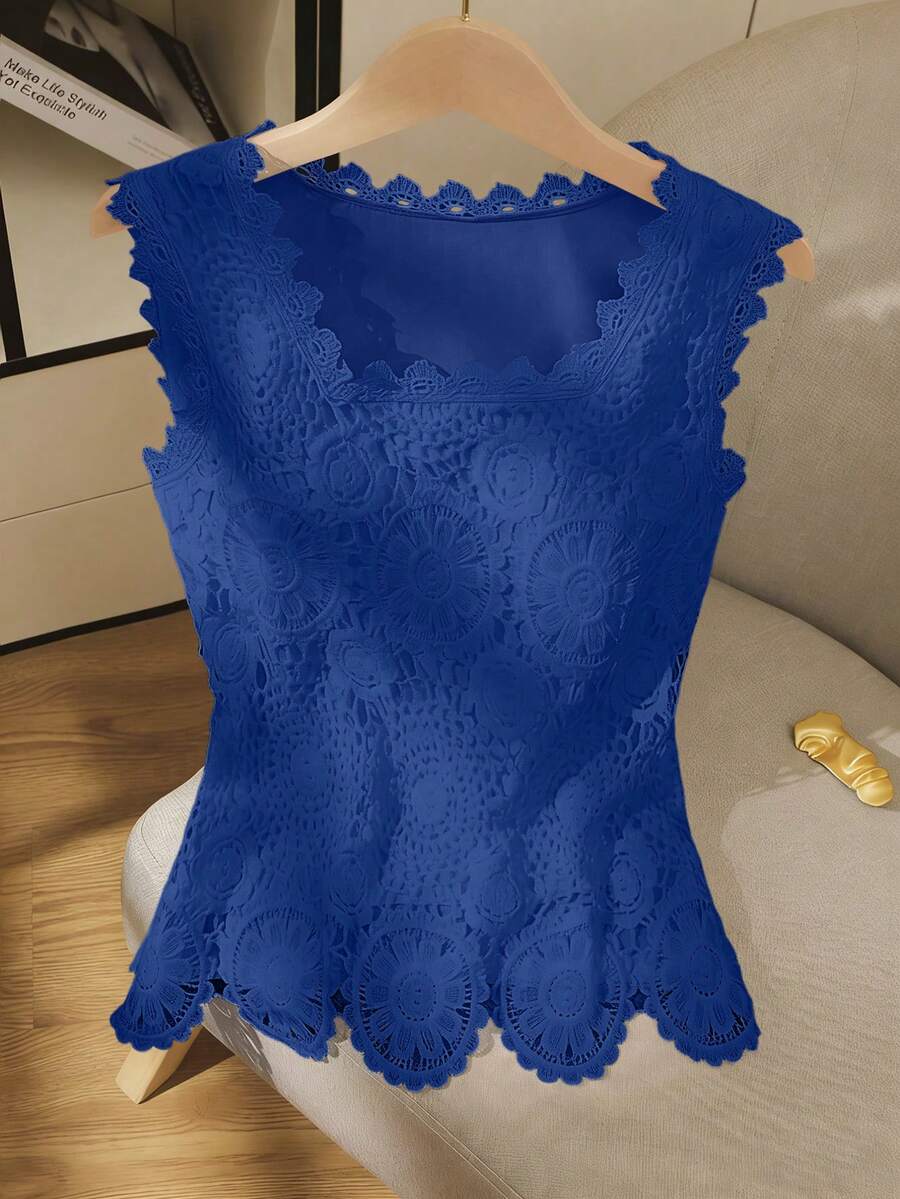 GlowEve Camisole de Renda de Crochê Feminina, Design de Blusa Elegante e da Moda, Emagrecedora - Azul Royal - Visão 1