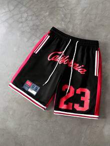 PAVTROS Pantalones cortos de baloncesto con estampado numérico de color contrastante para hombres - Negro - Ver 3