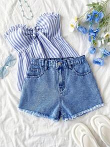 SHEIN 少女蓝色牛仔低腰修身短裤 - 中等水洗藍 - 查看 3