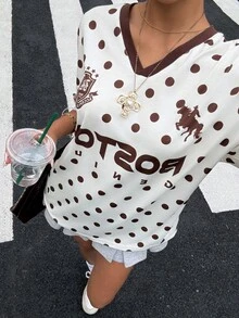 Muchica 女士V领短袖休闲波点T恤 - 杏色 - 查看 6