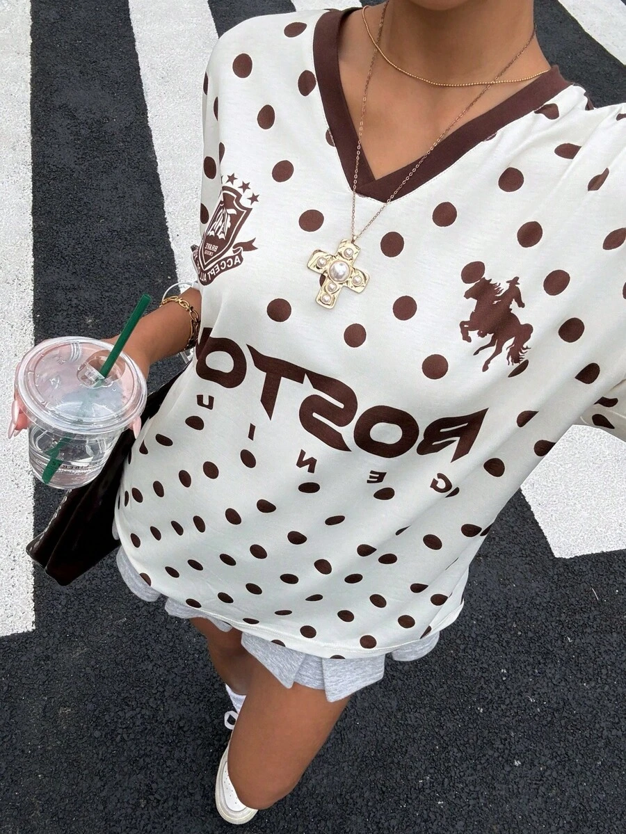 Muchica Áo thun nữ cổ chữ V tay ngắn chấm bi kiểu dáng thường ngày - Màu be - Xem 1