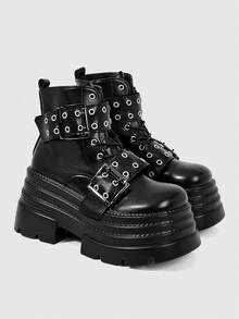 ROMWE Grunge Punk Giày sandal cao gót nữ 2026, kiểu dáng thời trang mới mùa xuân thu, phong cách punk, chất liệu PU tối màu, mũi tròn, khóa kim loại, buộc dây phía trước, gót siêu cao, bốt cưỡi ngựa, bốt ngắn nâng chiều cao cho nữ. - màu đen - Xem 2