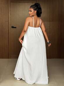 Maweii Plus Size Women's Solid Color Button Design Halter Romantic Vacation Dress - White - View 5