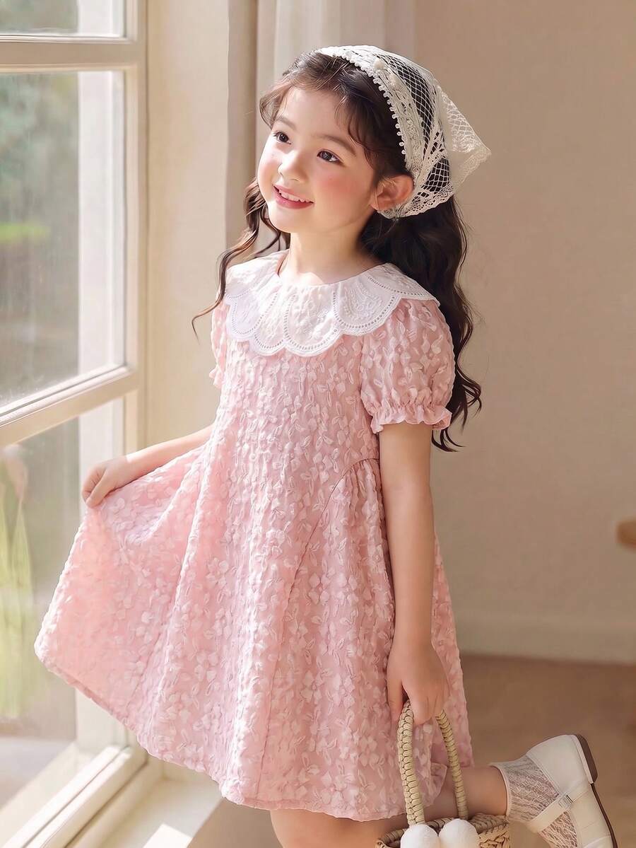 Elladie kids 1件女童夏季新款梭织纹理蓝色提花面料白色刺绣领花瓣袖开襟收腰休闲度假百搭甜美公主裙,适合上学、生日派对等场合 - 粉色 - 查看 1