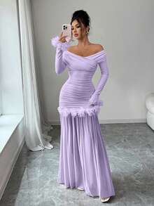 Elenzga New Arrival Spring/Autumn Elegant Romantic Solid Color Ruffle Decor Cross V-Neck Long Sleeve Pleated Fitted Mesh Patchwork Bodycon Dress For Women - Mauve Purple - View 3