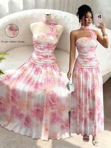 SHEIN Franclia Women's Floral Print Pleated Elegant Flowing Long Dress - Pink - View 1