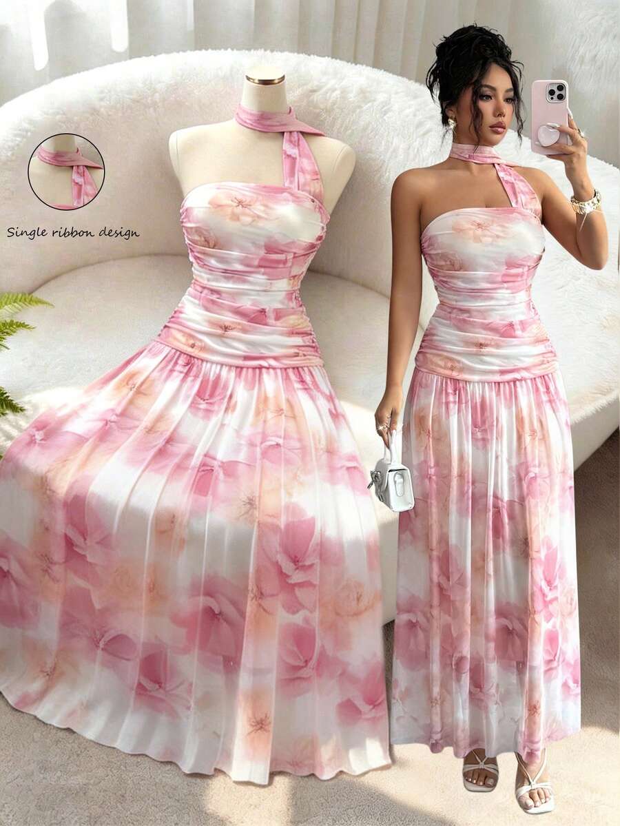 SHEIN Franclia Women's Floral Print Pleated Elegant Flowing Long Dress - Pink - View 1