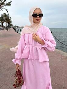 Mulvari Bộ 2 món áo và chân váy cổ chữ V xếp ly dáng rộng, thoải mái, đa năng, thanh lịch, thích hợp cho kỳ nghỉ, hàng ngày. - Hồng - Xem 4