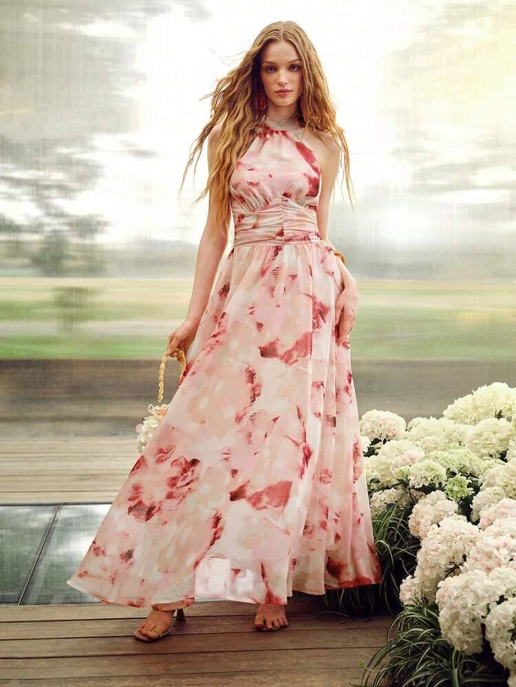 WOMEN'S ELEGANT PRINTED HALTER BACKLESS DRESS, SUITABLE FOR SUMMER VACATION