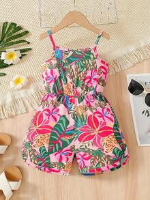SHEIN Young Girl Tropical Plant Print Camisole Romper - Red - View 1