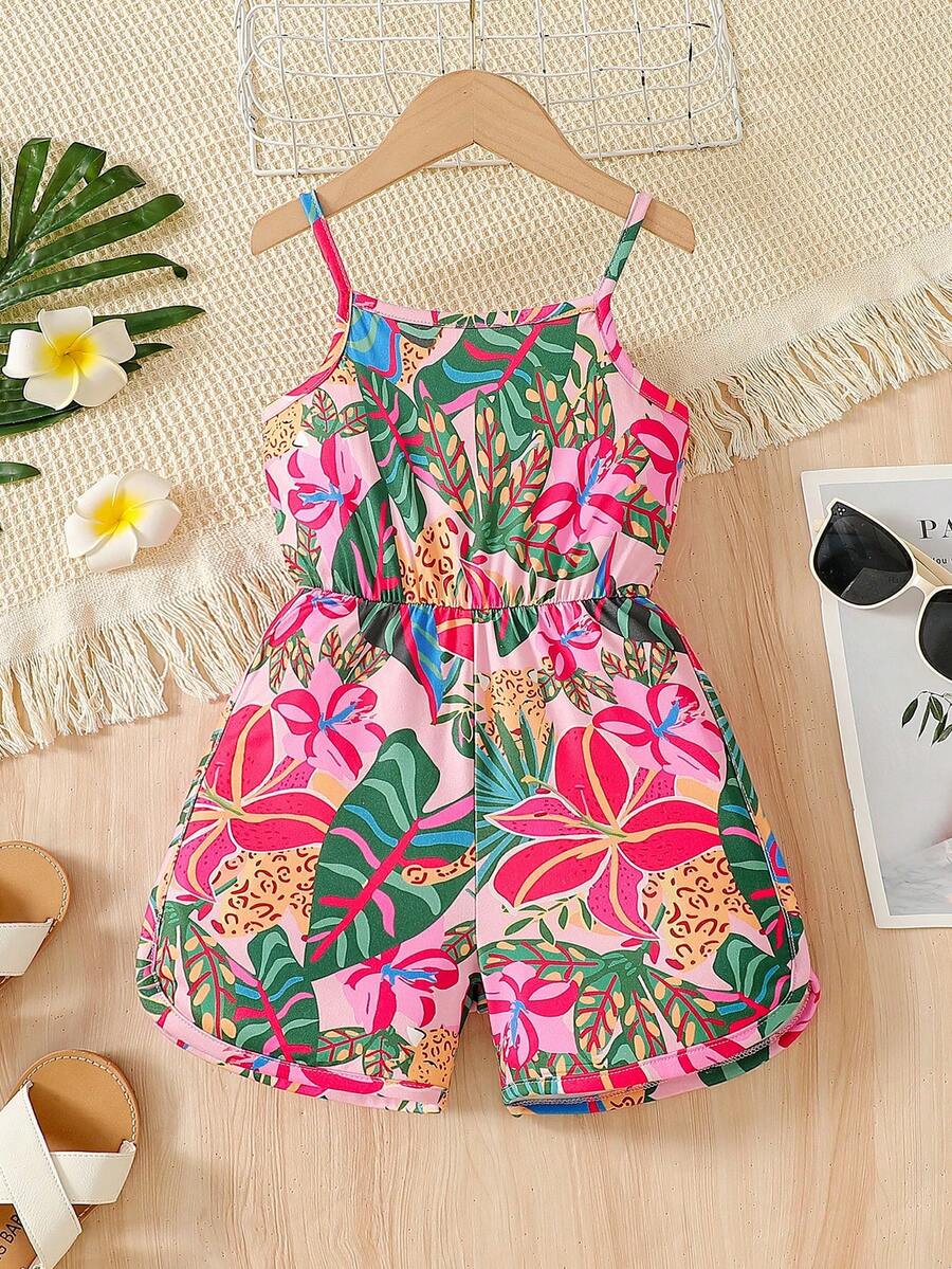 SHEIN Young Girl Tropical Plant Print Camisole Romper - Red - View 1