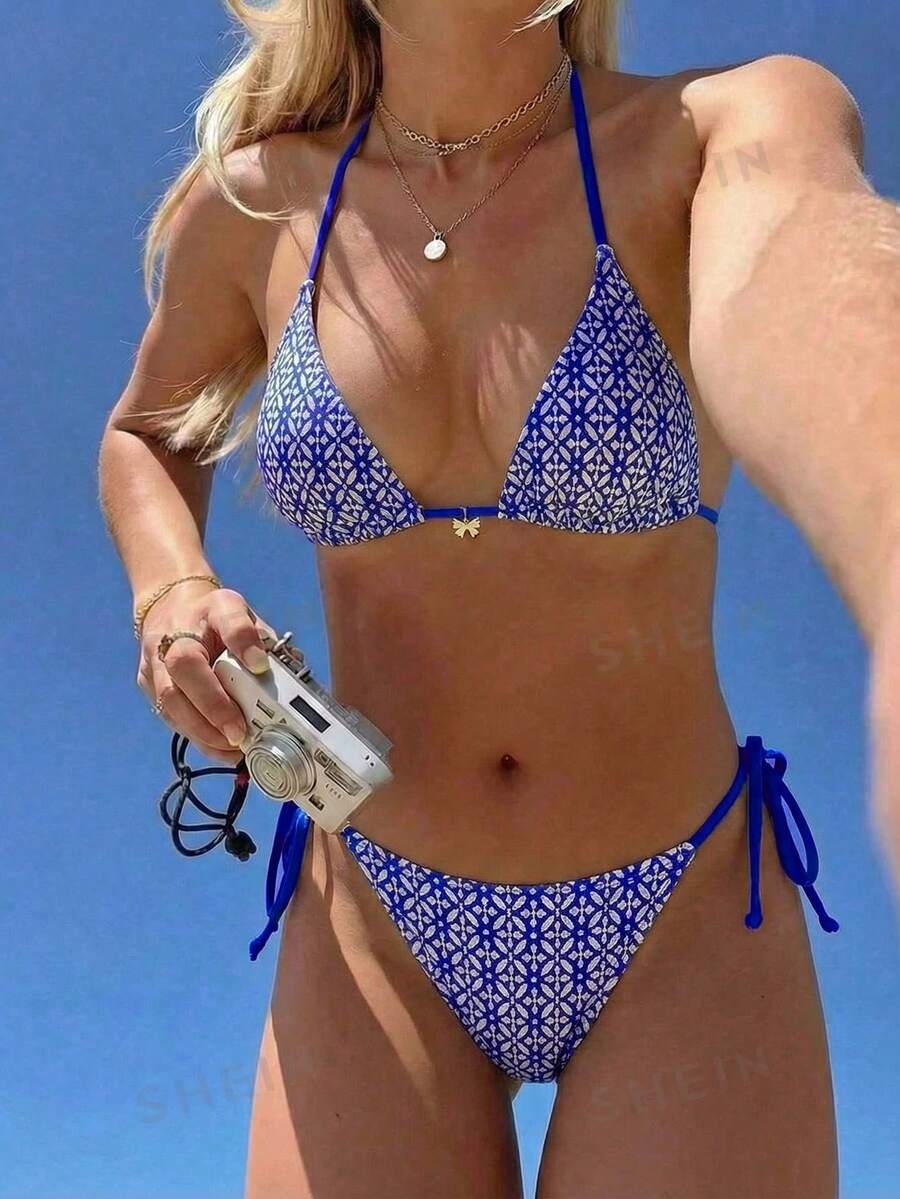 Swim Mod Bộ bikini tam giác buộc dây bên hông, chất liệu vải dệt họa tiết, dành cho nữ, thích hợp mặc đi biển/đồ bơi, dành cho mùa xuân/hè. - Màu xanh lam - Xem 1