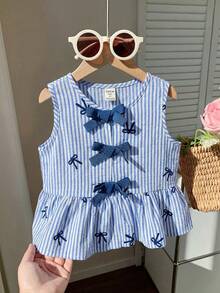 SHEIN 少女可爱夏季百搭粉色条纹蝴蝶结无袖上衣 - 藍色 - 查看 4