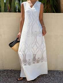 DAZY 女士蕾丝纹理宽松无袖休闲轻盈通勤优雅长裙，适合春夏穿着 - 白色 - 查看 2