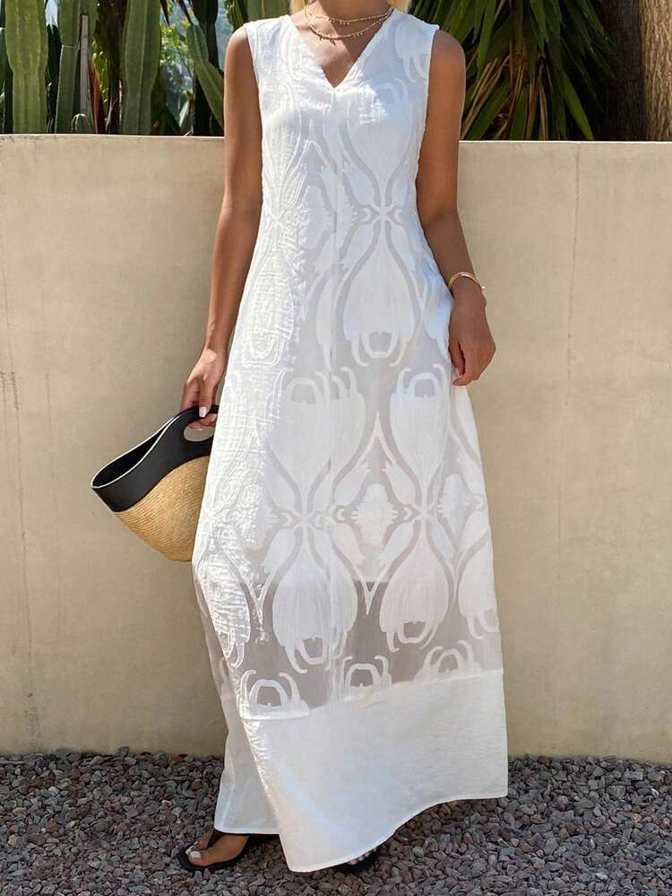 Women's Lace Texture Loose Sleeveless Casual Lightweight Commute Elegant Long Dress, Suitable For Spring And Summer