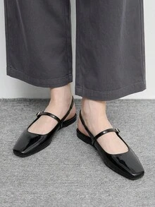 CUCCOO BIZCHIC 女士小方头平底黑色镜面低帮平底露跟鞋，轻便舒适，简约通勤日常百搭女士平底鞋 - 酒紅黑 - 查看 4