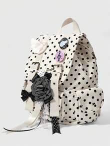 ROMWE Anime 1Pc Black Y2K Retro Polka Dot Bow Note Wing Bow Heart Plaid Multi-Pocket Casual Backpack, Large Capacity Flip Backpack, Suitable For College, Commuting, School Season - Apricot - View 2