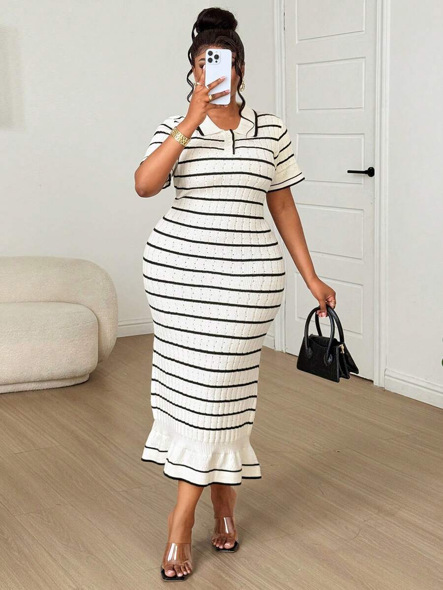 Dazy Plus Plus Size Women's Elegant Turndown Collar Colorblock Striped Knit Dress, Spring/Summer - White - View 1