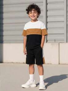 Vacaura Boys' Summer Casual 2-Piece Set,Black And White Short Sleeve Los Angeles T-Shirt&Matching Shorts,City Break Street Style Outfit For School,Sports - Multicolor - View 3