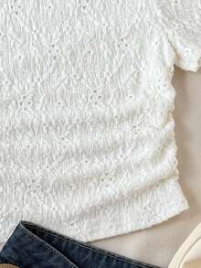 SHEIN Blusa de cuello redondo de manga corta de punto informal para niñas preadolescentes - Beis - Ver 3