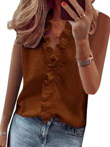 EMERY ROSE Women's Casual Sleeveless Frill Trim Blouse For Summer - Coffee Brown - View 6