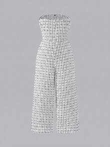SHEIN Girls' Plaid Jumpsuit With Cute Bow Collar, Suitable For Spring And Autumn - Red and White - View 8